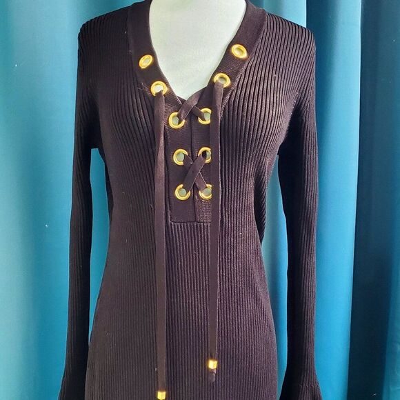 NWOT Michael Kors Ribbed Sweater dress w/Bell sleeves & Gold Lace up XL - Picture 1 of 6